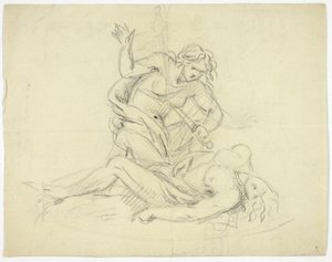 Pyramus og Thisbe (til højre); Tre mandlige figurer med mausoleumsplan (verso) af Thomas Banks