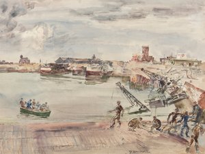 Dokker ex entrepots (sic) i havnen i Calais Bassin Ouest, 1944 (blyant, pen, blæk, pensel & wc på papir)