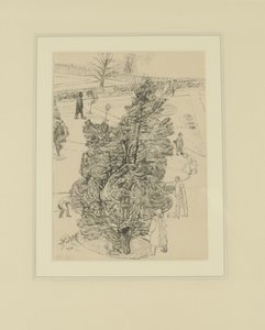 Figurer i Parken; "Mændene var tavse, træerne talte." Illustration til The Witnesses, før 1938 (pen og blæk på papir)