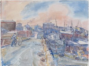 Reykjavik Fra Main Quay, Frosty Morning, Island, ca. 1930 (akvarel og blyant på papir)