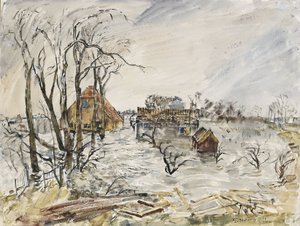 Øen Walcheren (Holland) oversvømmet. Maleri af Thomas Hennel (1903-1945), akvarel 1944