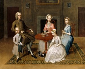 Gruppeportræt, muligvis af Brewster-familien, i et hjemligt interiør, 1736