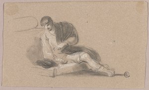 Siddende mand peger nedad (recto og verso)