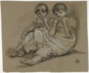 To piger, der leger på kamme (recto); Skitse af siddende kvinde med fragment af en anden figur (verso) af Thomas Barker