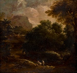 Skovklædt landskab med figurer, ca. 1789-1847 (olie på panel)