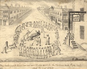 Bjørnefangst, Manchester, 1819 (pen og blæk og vask på papir)