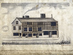 Old House on Hanging Ditch, Manchester, 1819 (pen og blæk og vask på papir)