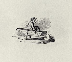 En mand i en trillebør fra "History of British Birds and Quadrupeds", udgivet i 1815 (sw-stik) af Thomas Bewick