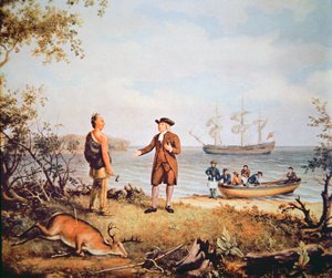William Penn ankommer til Amerika for første gang og møder en indianer i 1682 (olie på lærred)
