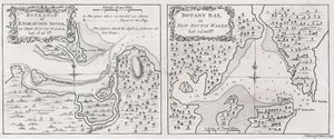 Kaptajn James Cooks søkort viser indgangen til Endeavour River og Botany Bay i New South Wales af Thomas Bowen