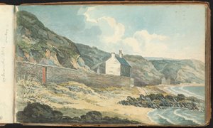 Album med landskabs- og figurtegninger: Huse på en stenet kystlinje