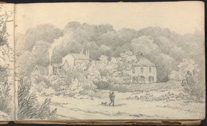 Album med landskabs- og figurstudier: Landlig scene med huse og en jæger og hans hund af Thomas Bradshaw