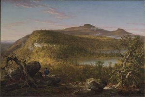 Udsigt over de to søer og Mountain House, Catskill Mountains, morgen af Thomas Cole