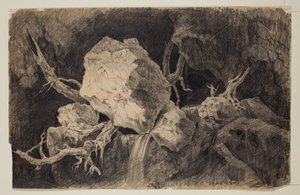Jæger stående i hule nær Rock and Waterfall, ca. 1828 (grafitblyant) af Thomas Cole