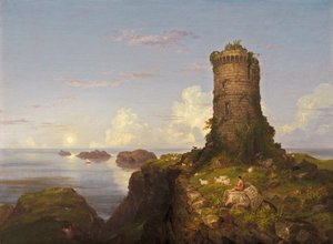 Italiensk kystscene med ruineret tårn af Thomas Cole