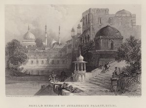 Baoli og resterne af Jehanghirs palads, Delhi (farve litho)