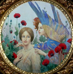 "The Message" En ung kvinde og en engel på en mark med valmuer. Maleri af Thomas Cooper Gotch (1854-1931) (prerafaelit) Privat samling
