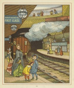 En kvinde står sammen med en gruppe børn på en perron ved Portland Road banegård af Thomas Crane