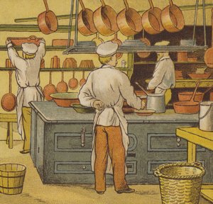 Caen: hotelkøkkenet (farve litho) af Thomas Crane