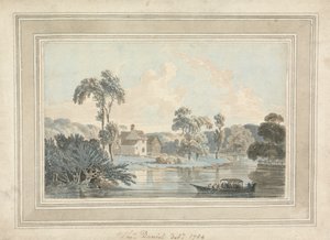 Bondegård, flod og pram af Thomas Daniell
