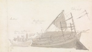 Fiskerbåd med lille fartøj ved siden af af Thomas Daniell
