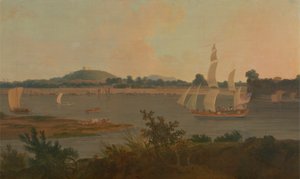 Pinnace sejler ned ad Ganges forbi Monghyr Fort af Thomas Daniell