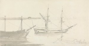 To fortøjede Skibe og en Fiskerbåd af Thomas Daniell
