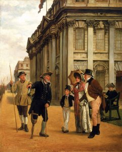 Historien om beboerne, foran King Charles Court-bygningen på Greenwich Hospital taler en beboer med et træben, iført den reglementerede uniform, med et besøgende par og deres søn, omkring dem to andre beboere.