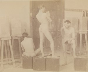 [Tre nøgenmodeller i maleratelier] af Thomas Eakins