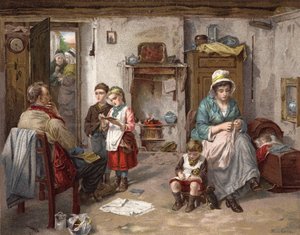 Skolebestyrelsen i hytten (farve litho) af Thomas Faed