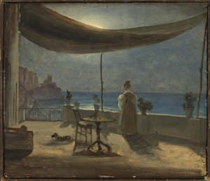 En terrasse i Amalfi i måneskin, ca. 1834 (olie på papir monteret om bord) af Thomas Fearnley