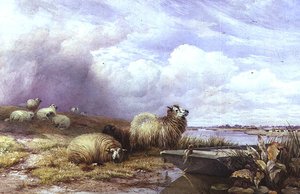 Et landskab med får og båd af Thomas Francis Wainewright
