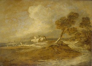 Et landskab med ryttere (olie på papir) af Thomas Gainsborough
