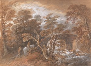 Bakket landskab med figurer, der nærmer sig en bro af Thomas Gainsborough
