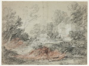 Landskab med bygninger ved en å af Thomas Gainsborough