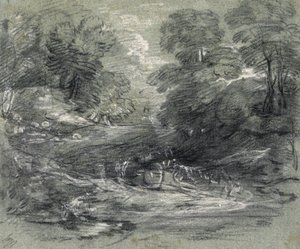 Landskab med gårdvogn på et snoet spor mellem træer (kul og gouache på papir) af Thomas Gainsborough