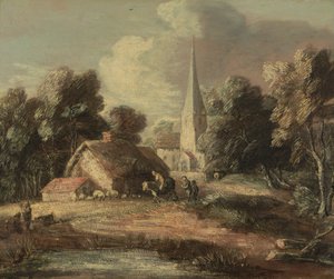 Landskab med sommerhus og kirke af Thomas Gainsborough
