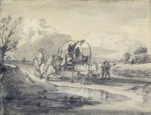 Åbent landskab med hyrde og overdækket vogn, ca. 1780-85 (grå og sort vask og kridt lagt på papir) af Thomas Gainsborough
