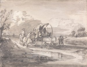Åbent landskab med ryttere og overdækket vogn af Thomas Gainsborough