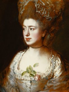 Portræt af frøken Mary Gainsborough, senere fru Fischer, kunstnerens datter, hoved og skuldre, vendt mod hendes højre, iført en blå og hvid kjole med en lyserød rose i sin corsage, af Thomas Gainsborough