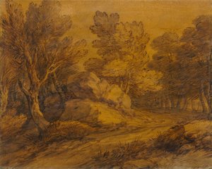 Scene med en vej, der snor sig gennem en skov af Thomas Gainsborough