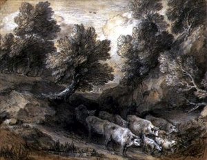 Skovklædt landskab med kvæg og geder, ca. 1768-72 (sort-hvidt kridt på papir) af Thomas Gainsborough