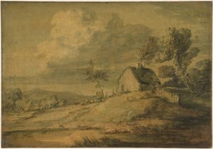 Skovklædt landskab med hytte, køer og får af Thomas Gainsborough