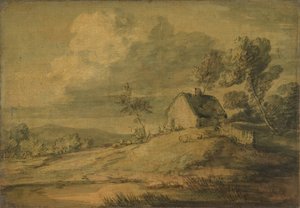 Skovklædt landskab med sommerhus, køer og får, ca. 1770. af Thomas Gainsborough