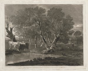 Skovklædt landskab med køer ved siden af en pool, figurer og hytte af Thomas Gainsborough