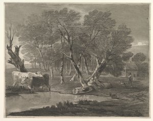 Skovklædt landskab med køer ved siden af en pool, figurer og sommerhus, 1775-80. af Thomas Gainsborough