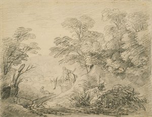 Skovklædt landskab med æsel og figurer, ca. 1759 (grafit på papir) af Thomas Gainsborough