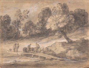 Skovklædt landskab med figurer på hesteryg, der krydser en bro af Thomas Gainsborough