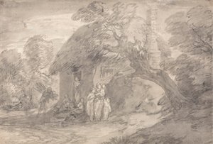 Skovklædt landskab med figurer uden for en hyttedør af Thomas Gainsborough