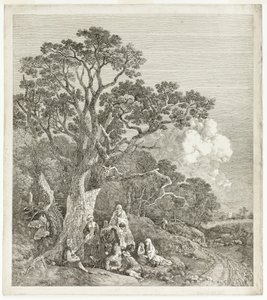 Skovklædt landskab med sigøjnere samlet rundt om et bål af Thomas Gainsborough